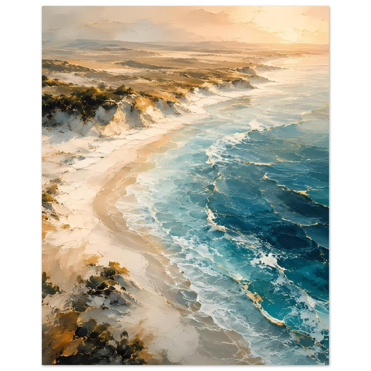 Poster mit Strandbucht, türkisblauem Meer und warmer Himmelspanne am Horizont