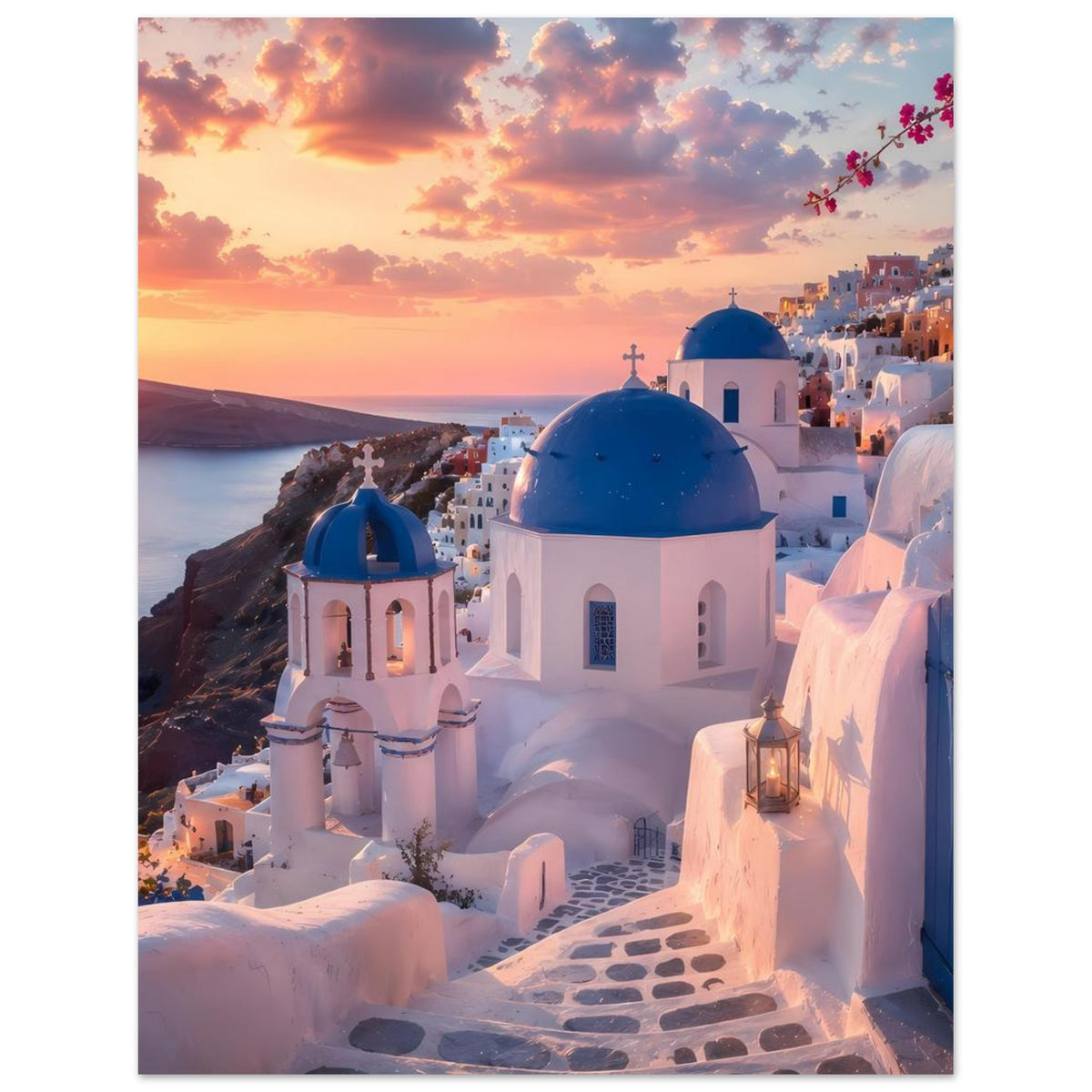 Poster mit Santorini-Szene: weiße Kirche mit blauer Kuppel, Meer im Hintergrund
