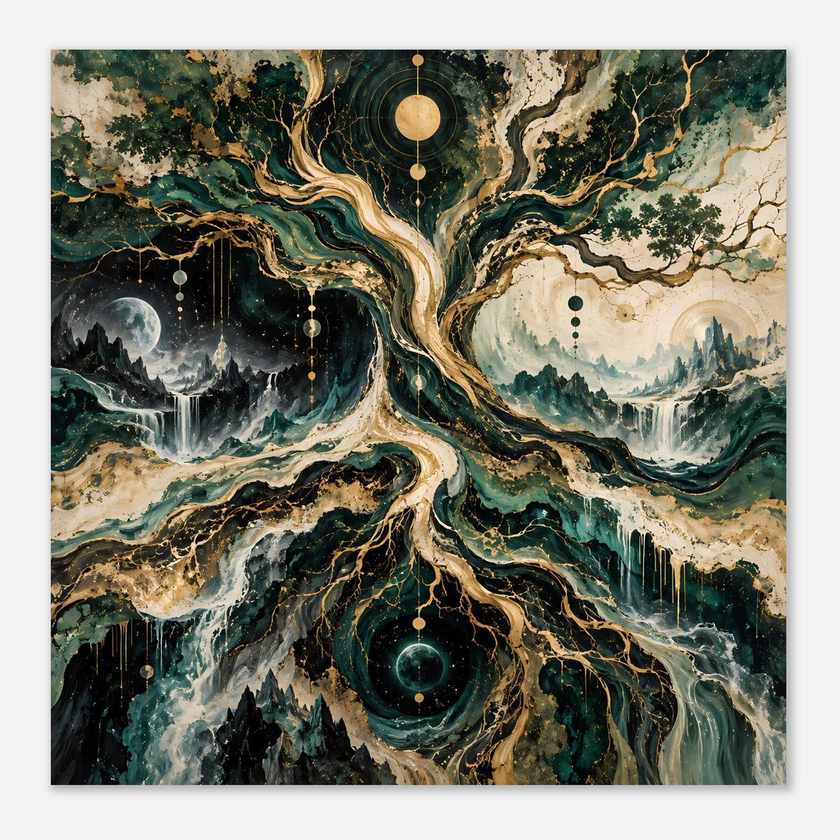 Quadratisches Poster mit kosmischem Baum, türkisgrünen Wurzeln, Mond links und Kugeln