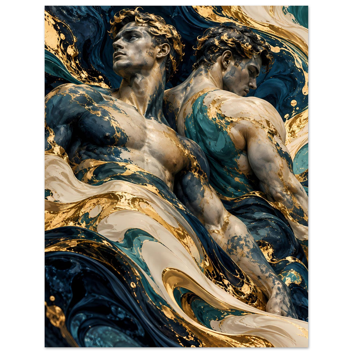 Kunstposter-Ausschnitt mit Aktfiguren, kräftige Blau- und Goldwirbel, helle Akzente