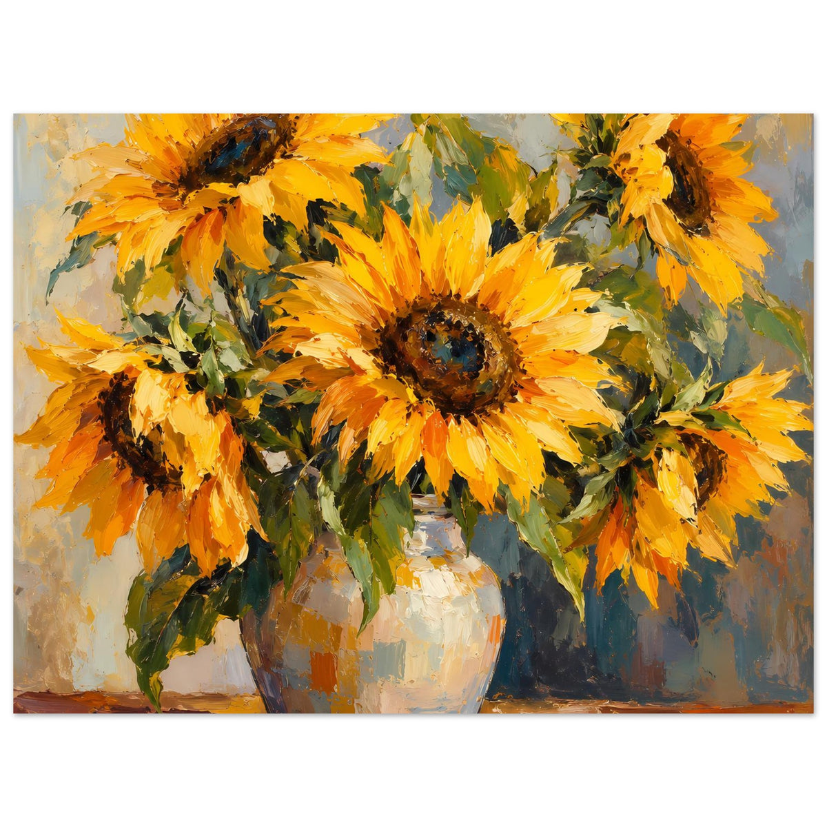 Stillleben-Poster: gelbe Sonnenblumen dicht im Bild, Vase mittig, orangefarbene Blütenblätter
