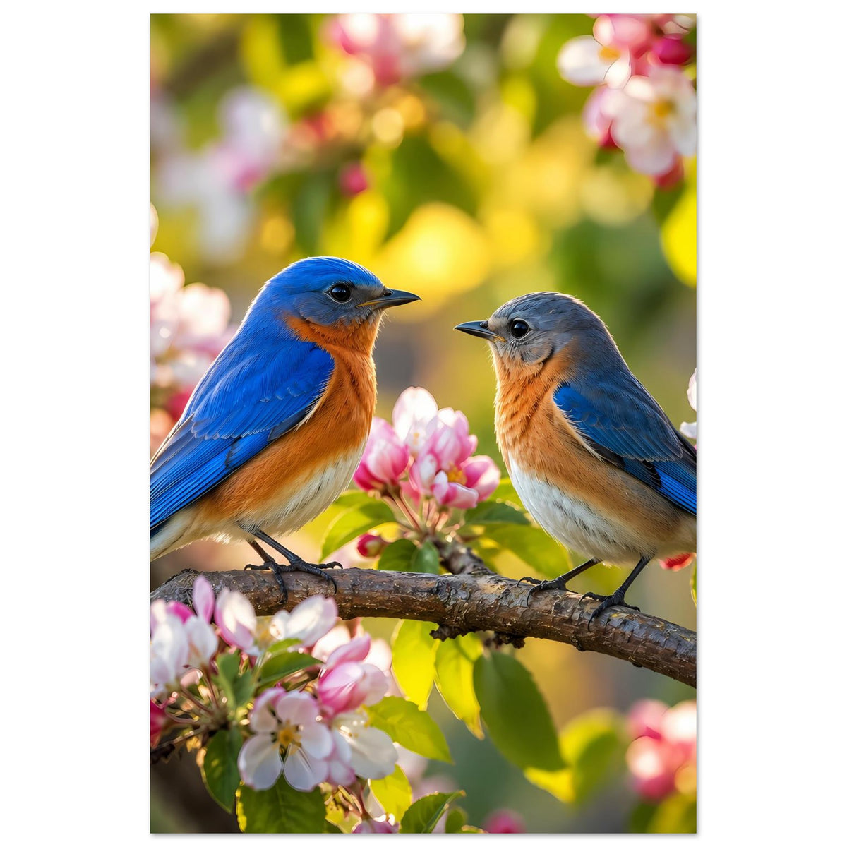 Poster (Hochformat): zwei blaue Singvögel auf Ast mit rosa Blüten