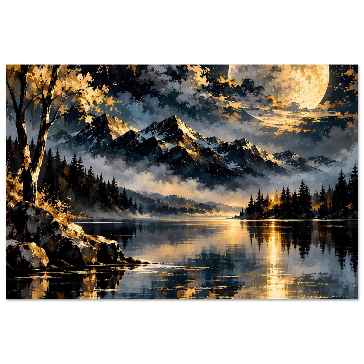 Großes Querformat-Poster mit Mondschein über Gebirge, See und goldenen Blättern