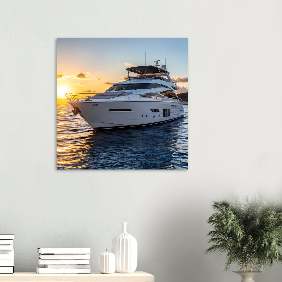 Poster mit weißer Yacht auf blauem Meer bei Sonnenuntergang in Blau- und Goldtönen