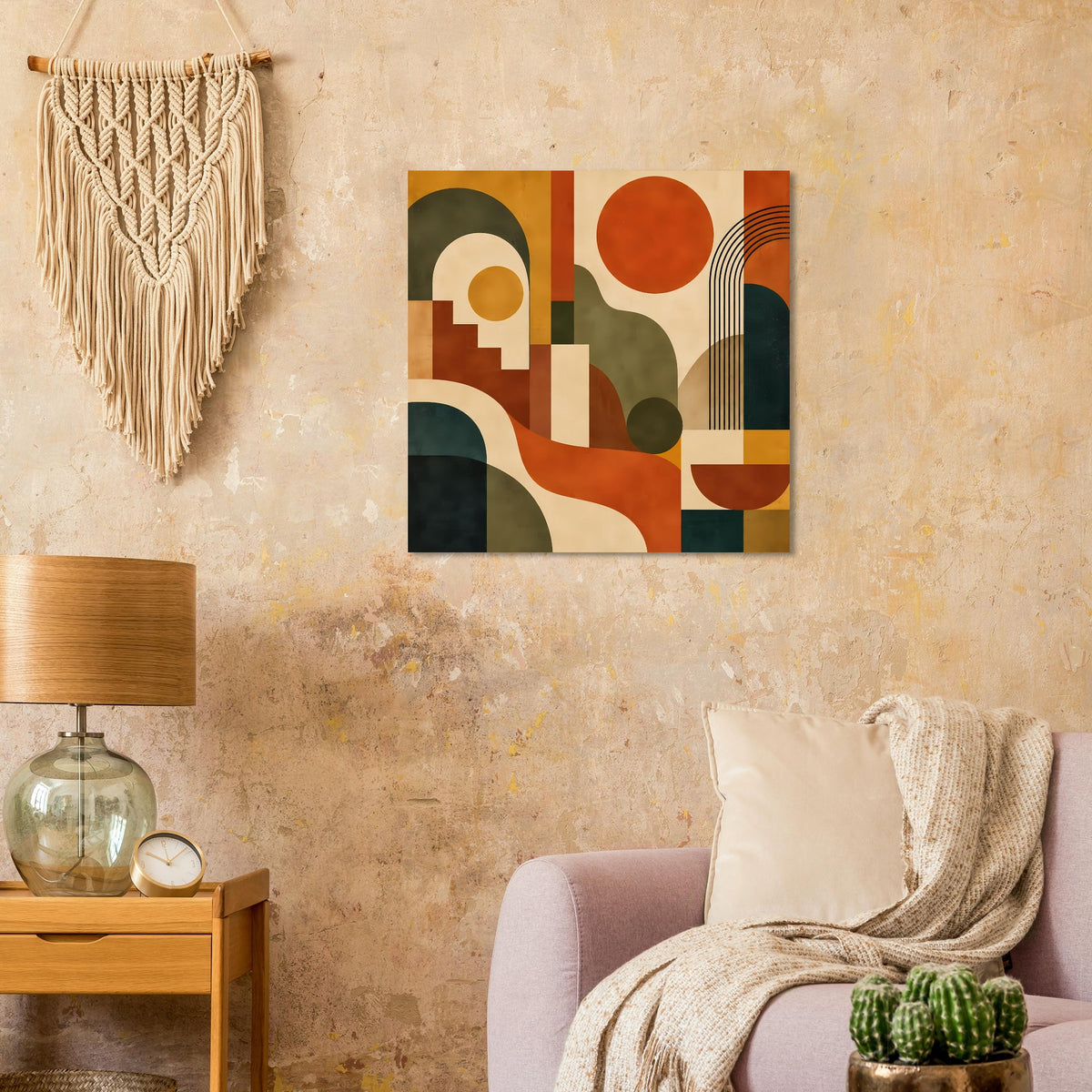 Abstrakter Mid-Century-Kunstdruck an der Wand: geometrische Kreise und warme Farbfelder