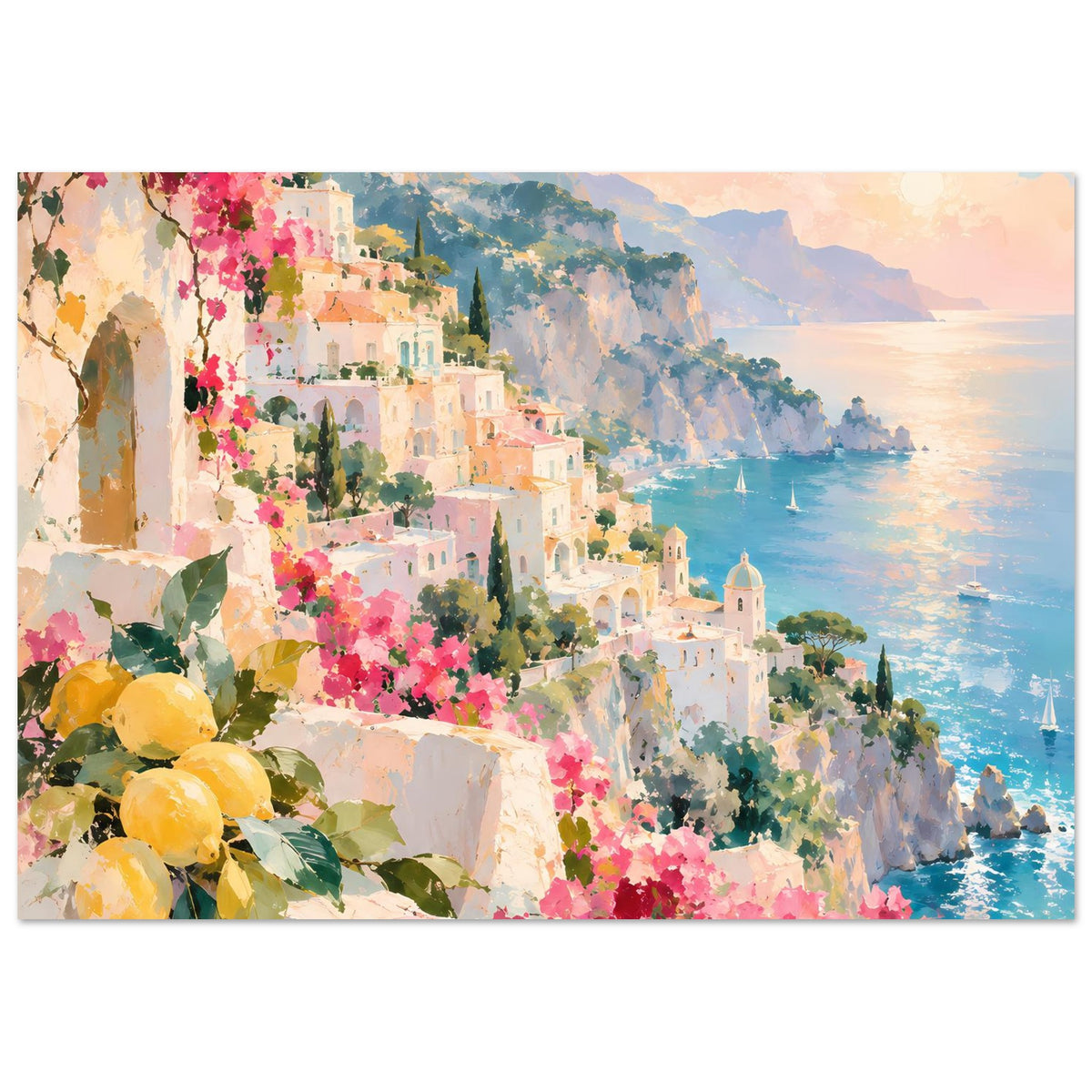 Poster mit mediterraner Küste: Dorf am Hang, Meer, Segelboote, rosa Blüten und Zitronen