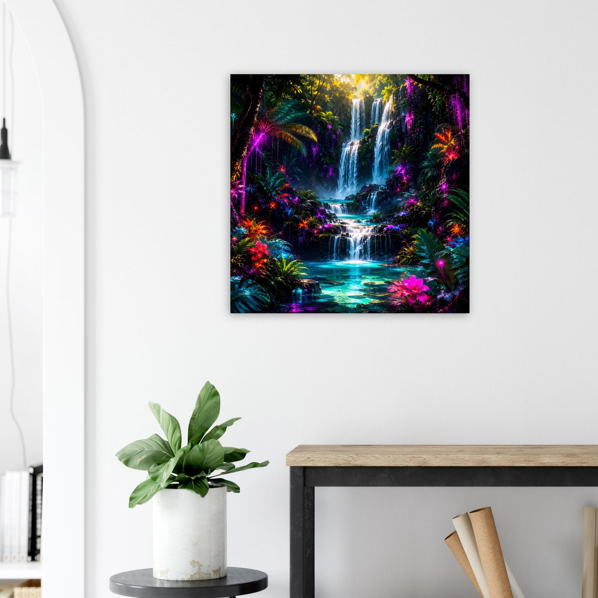 Tropischer Wasserfall Poster mit leuchtenden Farbtönen, quadratisch, an weißer Wand
