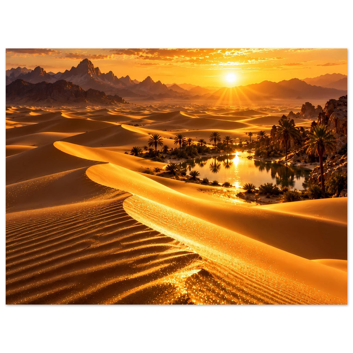 Wüstenlandschaft-Poster: Nahansicht der Sanddünen mit Oase und Palmen beim Sonnenuntergang