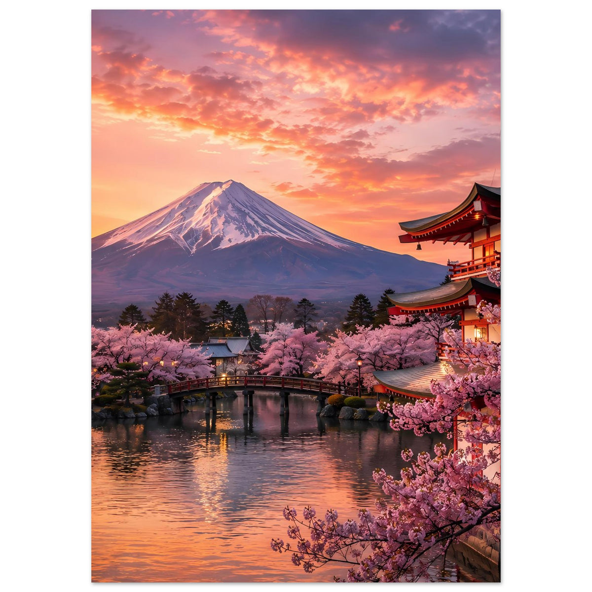 Wandposter mit Mount Fuji, rosa Kirschblüten und japanischem Tempel am Flussufer