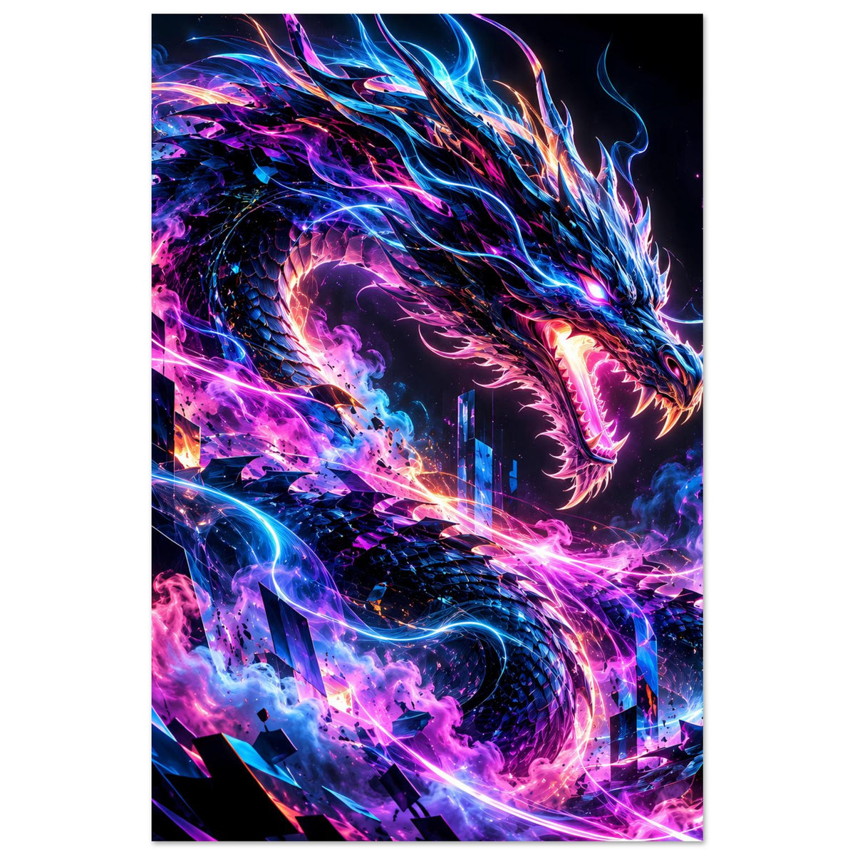 Poster mit leuchtendem Cyber-Drache in Neon, Flammen und Energie über City-Skyline