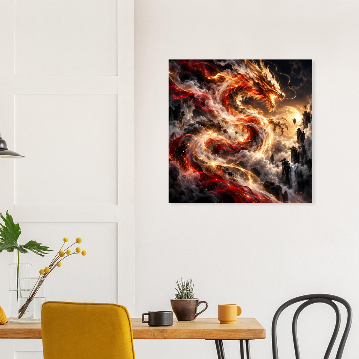 Quadratisches Fantasy-Poster mit feurigem Drachen in Rot und Gold, bewegte Flammenlinien