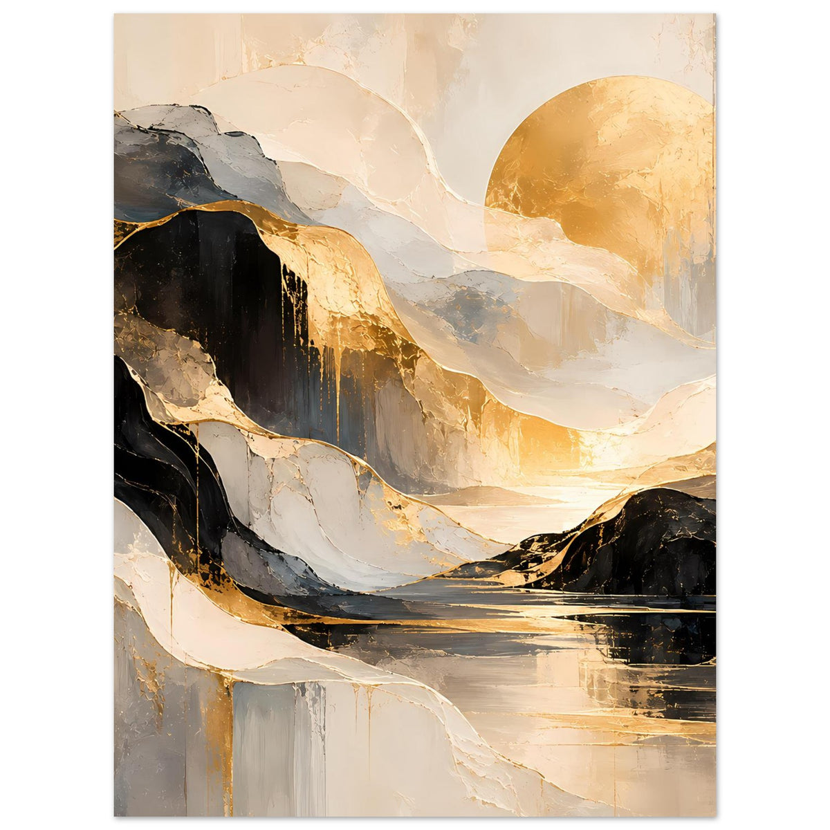 Abstraktes Gold-Schwarz-Kunstposter, vertikal, goldene Highlights über dunklem Wellenband