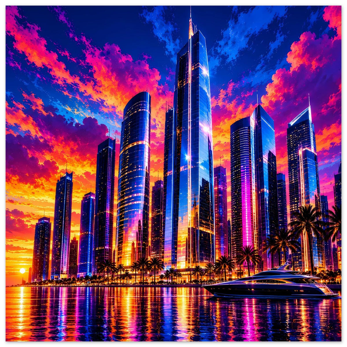 Stadt-Skyline-Poster mit beleuchteten Wolkenkratzern im Sonnenuntergang, Boot und spiegelndem Wasser