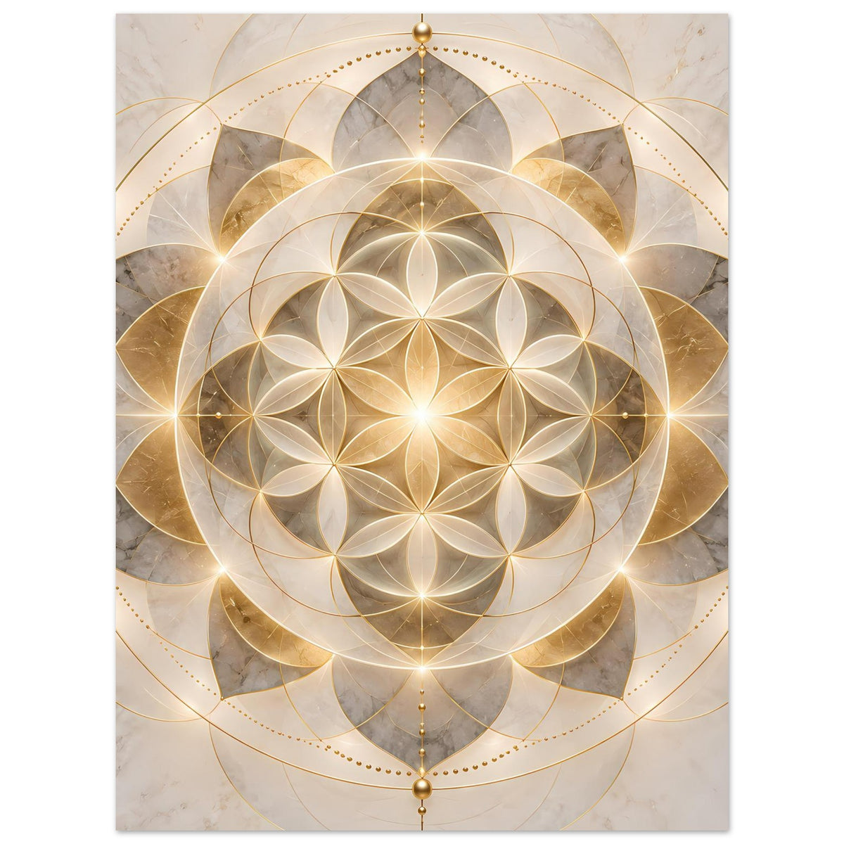 Poster mit goldenem Mandala-Ornament: Kreisblumen und leuchtende Linien, symmetrisch