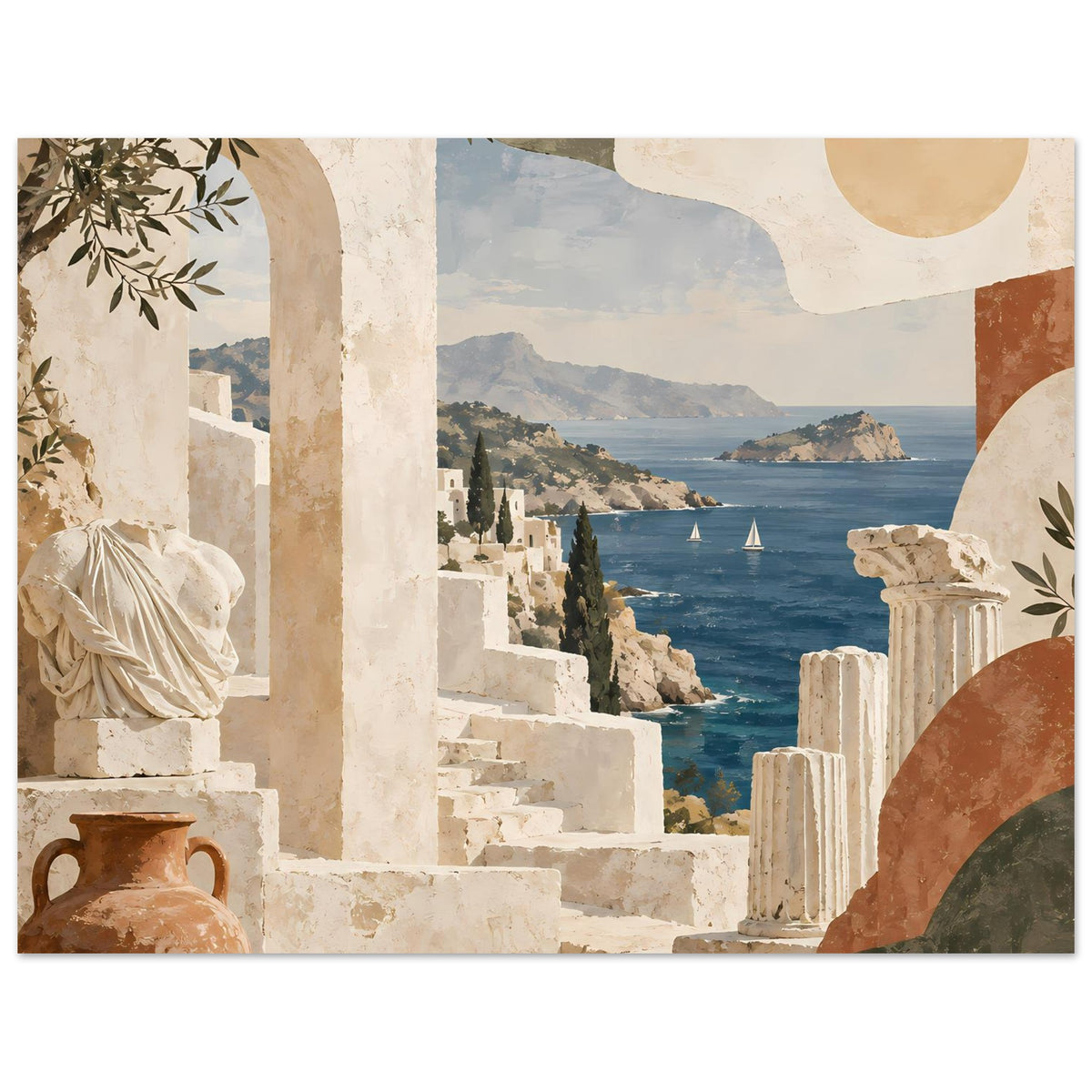 Urlaubs-Poster: mediterrane Küstenlandschaft mit Meer, Segelbooten und antiker Architektur