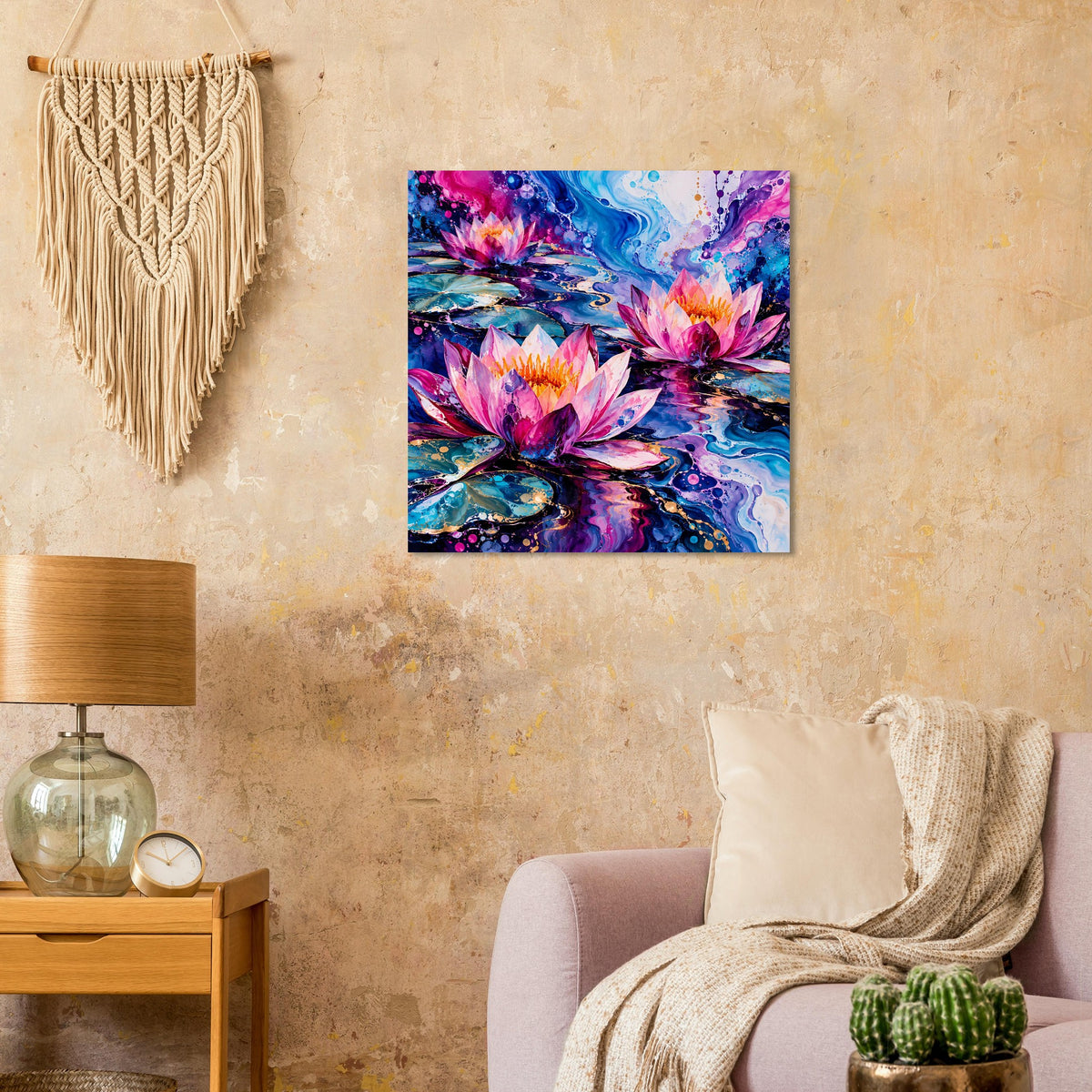 Quadratisches Kunstposter mit Seerosen-Motiven in Pink, Blau und Violett
