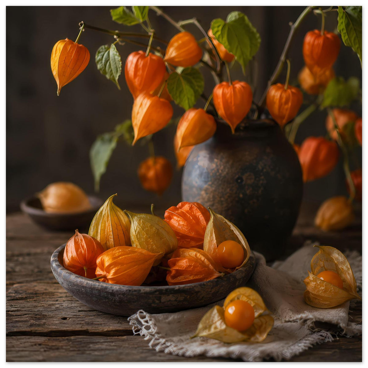 Herbstliches Poster mit Schüssel voller Kürbisfrüchte, orangefarbenen Lampions und Keramikvase