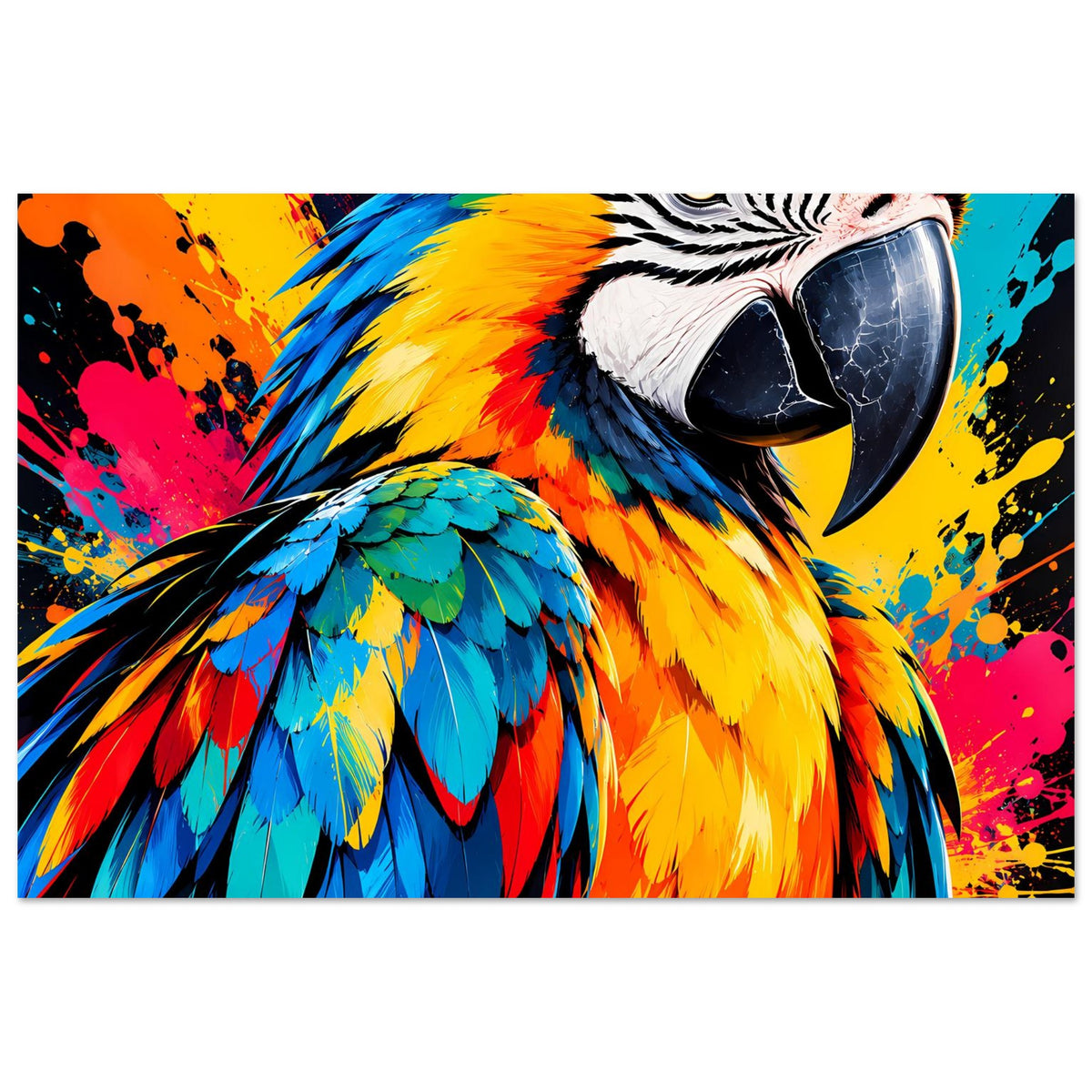 Buntes Papageien-Splash-Art Poster im Querformat, scharfer Blick auf Augen und Federpracht
