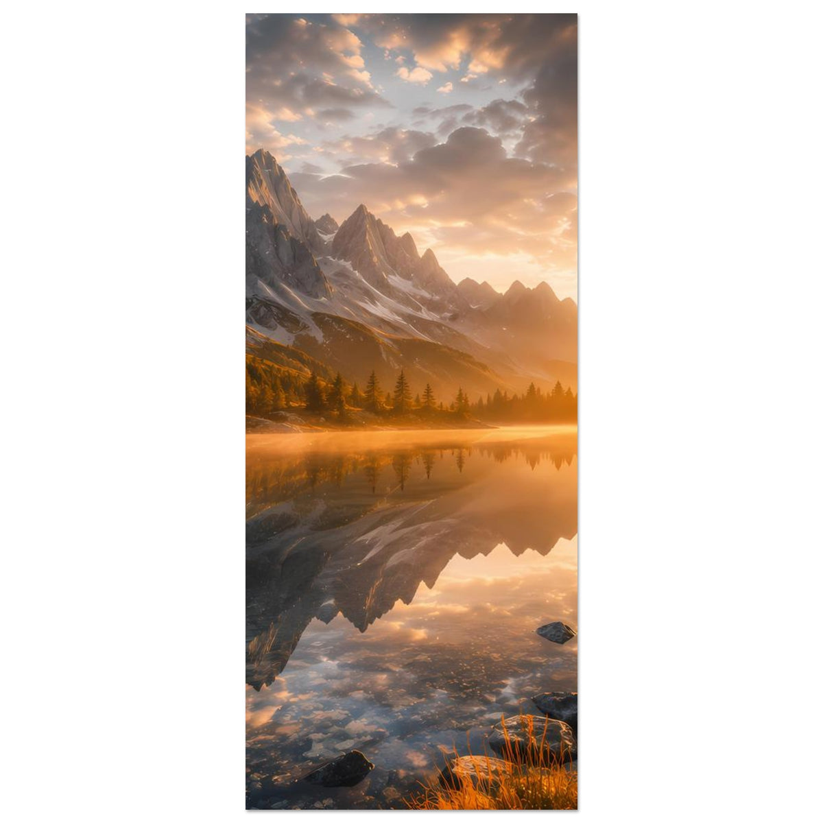Hochformat-Landschaftsposter mit Bergsee, reflektierendem Wasser und Sonnenaufgang