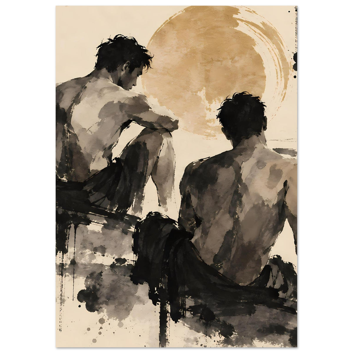 Kunstposter mit zwei Rückenfiguren in warmem Sepia und dunklen Pinselflächen