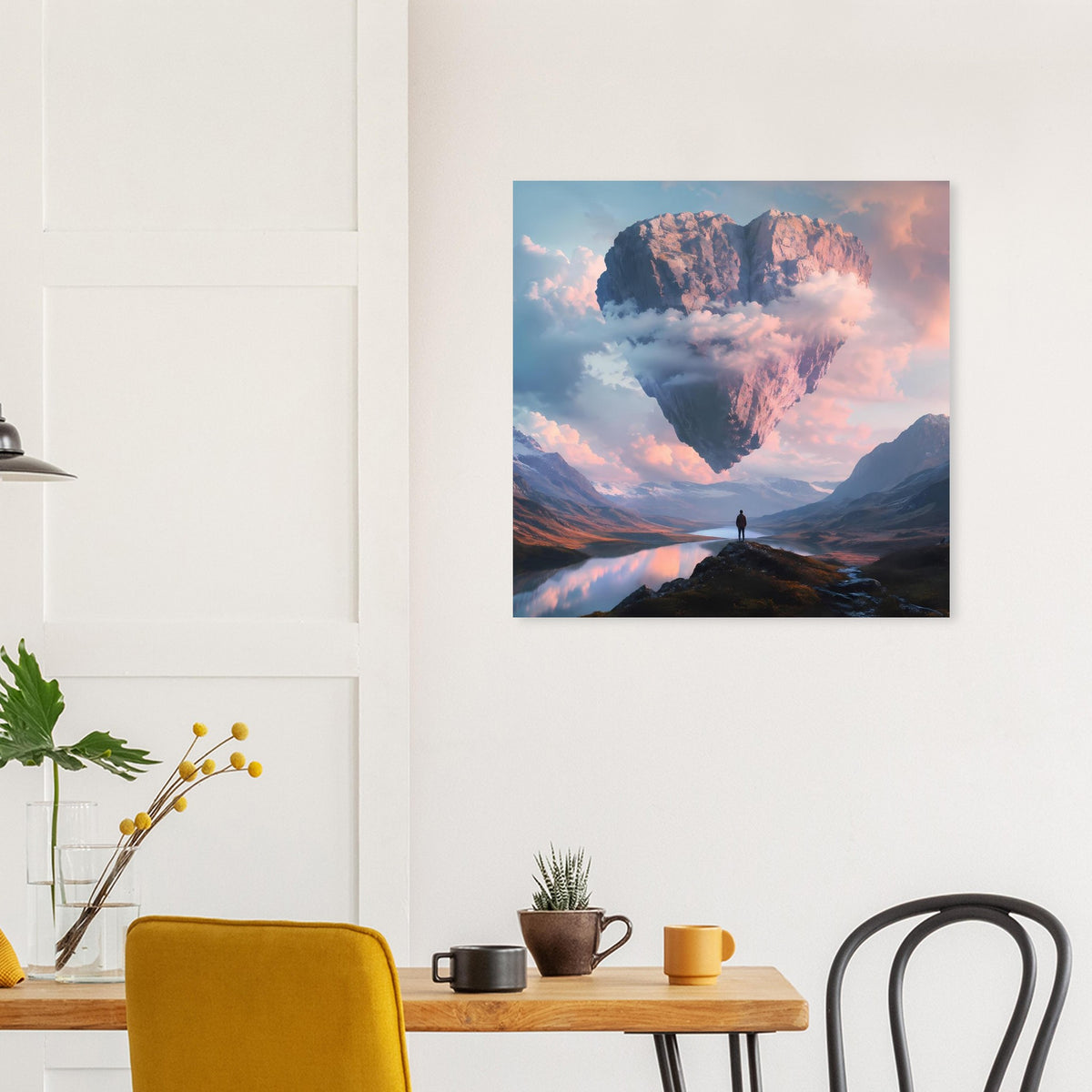 Wandposter mit schwebendem Felsherz über Bergsee, Person auf Fels