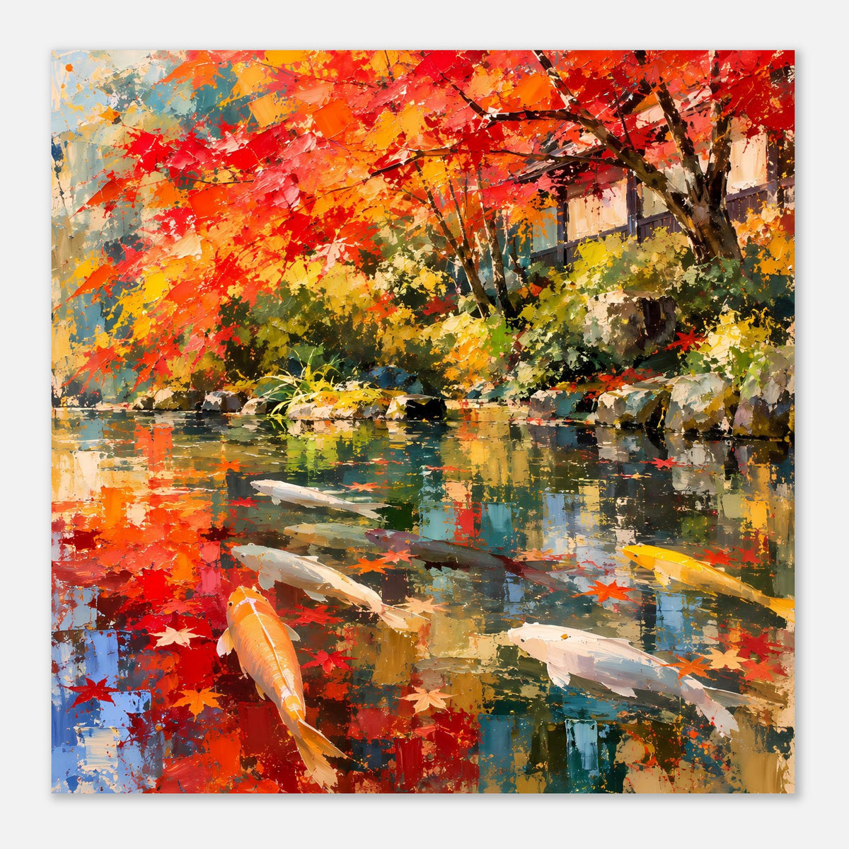Koi-Teich Poster im Herbst: orangefarbener Koi, weiße Fische, Spiegelung und Laub