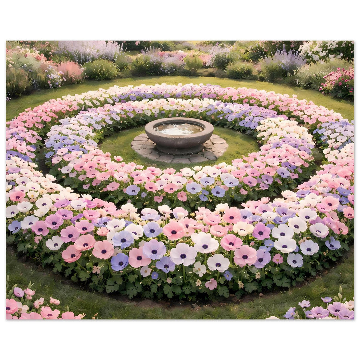 Blumenbeet-Poster mit zentraler Stein-Schale und Pastellblumenring aus rosa und lila Blüten