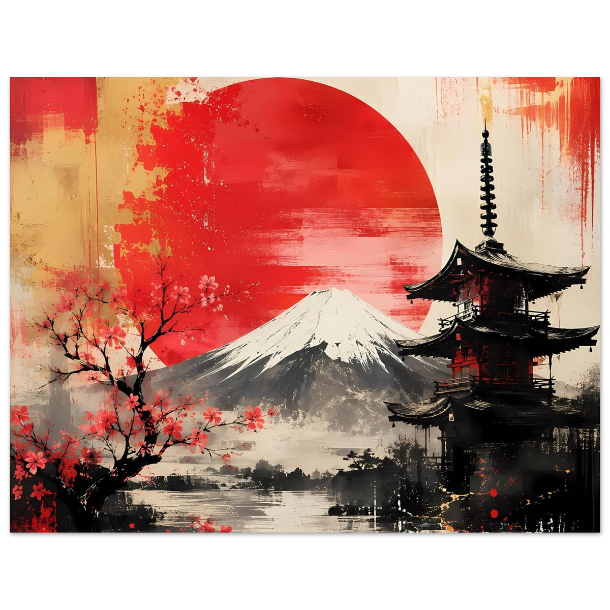Poster im Fokus auf Fuji: roter Sonnenkreis, Pagode rechts, Kirschblüten links
