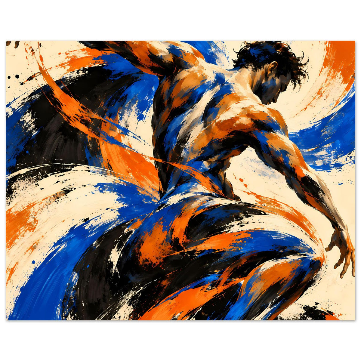 Abstraktes Kunstposter mit dynamischer Figur, kräftigen Blauflächen und orangefarbenen Spritzern