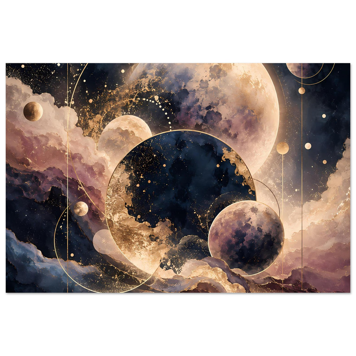 Poster mit Planeten- und Mondmotiv, mehrere Monde und Ringe, dunkelblau, Gold- und Violetttöne, horizontal