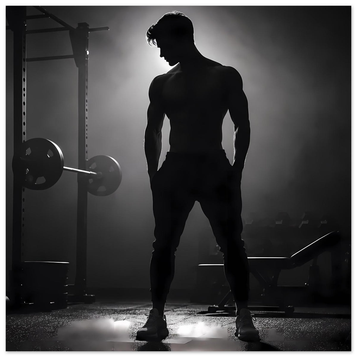 Fitness-Artprint, Mann als dunkle Silhouette, seitlicher Stand mit Hantelstange links