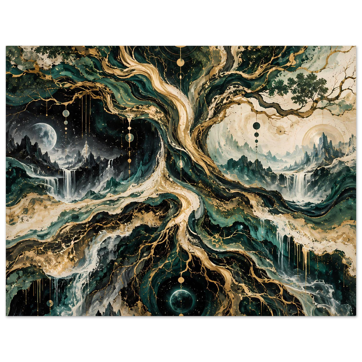 Horizontales Poster mit kosmischem Baum, breiter Bildausschnitt, Sternelemente und Landschaftsdetails
