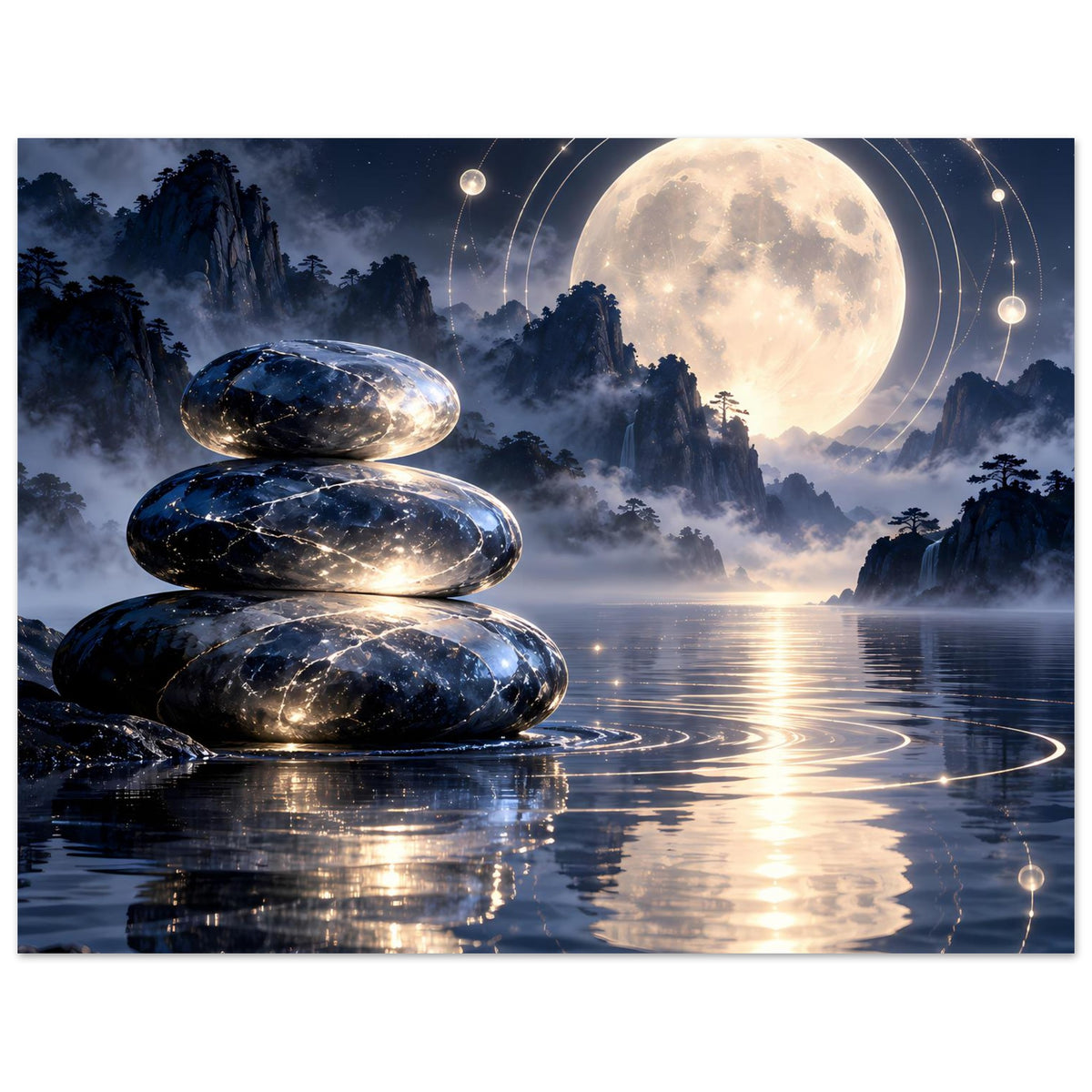 Vertikales Poster mit Zen-Steinen und Vollmond, schimmernde Kreise über Wasser