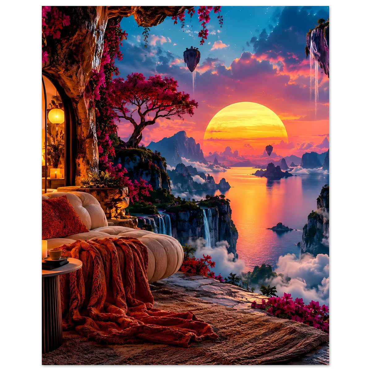 Poster mit Traumlandschaft: leuchtende Sonne, ruhiger See, Wasserfälle, Heißluftballons und Blumen.