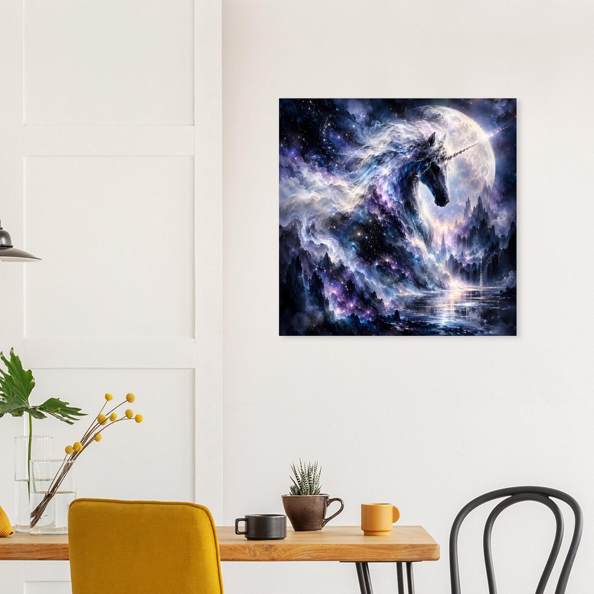 Galaktisches Einhorn-Poster im quadratischen Rahmen: dunkler Weltraum, violetter Nebel