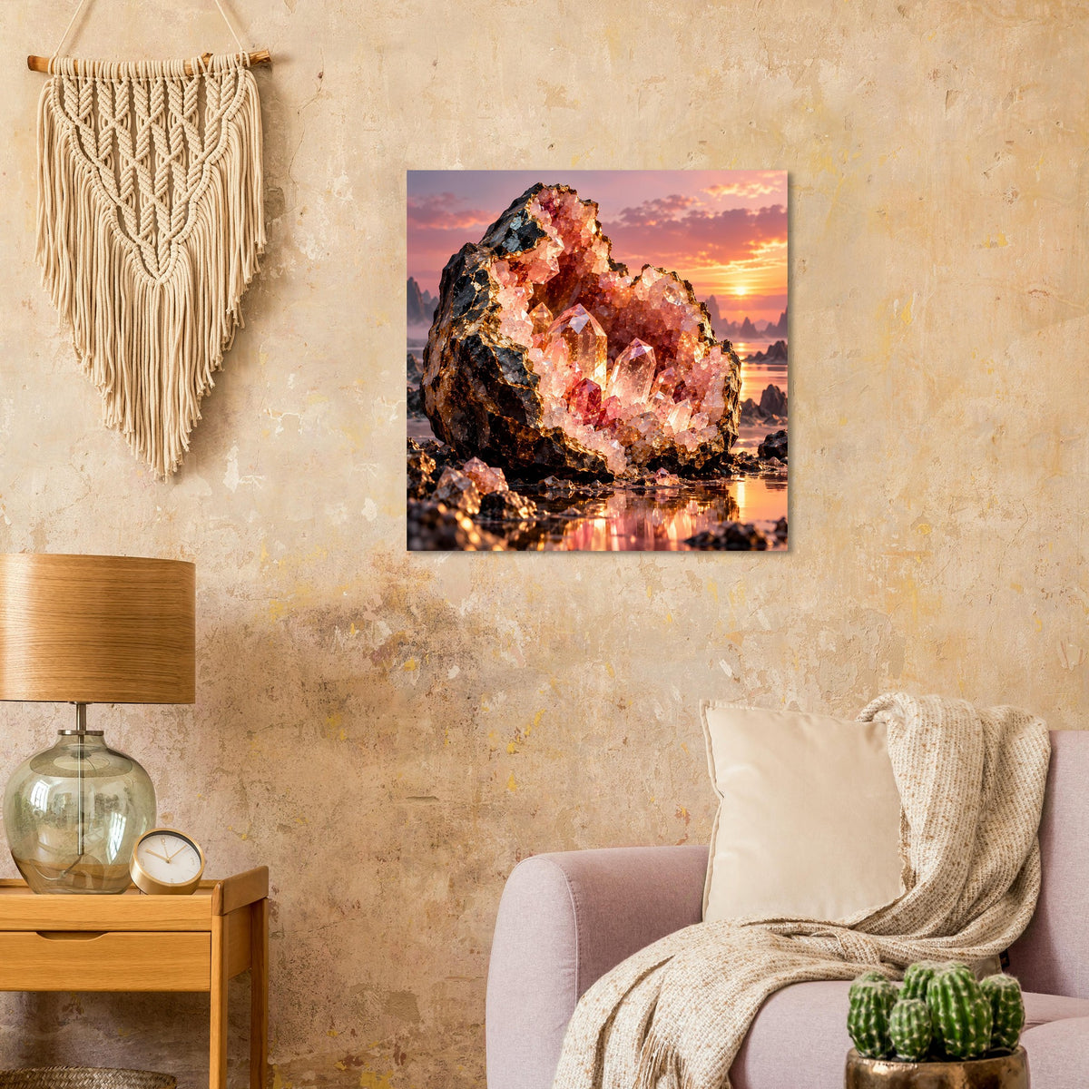 Kristallgeoden-Poster mit funkelnden rosa und kupferfarbenen Kristallen, Abendhimmel