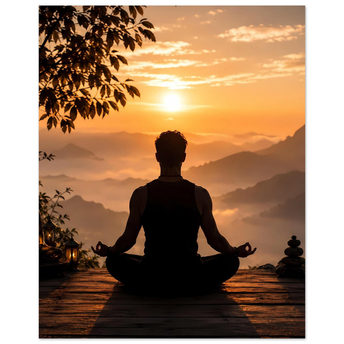 Vertikales Meditationsposter: Silhouette im Schneidersitz vor Sonnenaufgangs-Bergkulisse