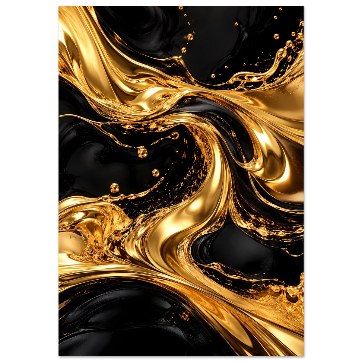 Vertikales abstraktes Poster: schimmernde goldene Strömungen auf dunklem Hintergrund