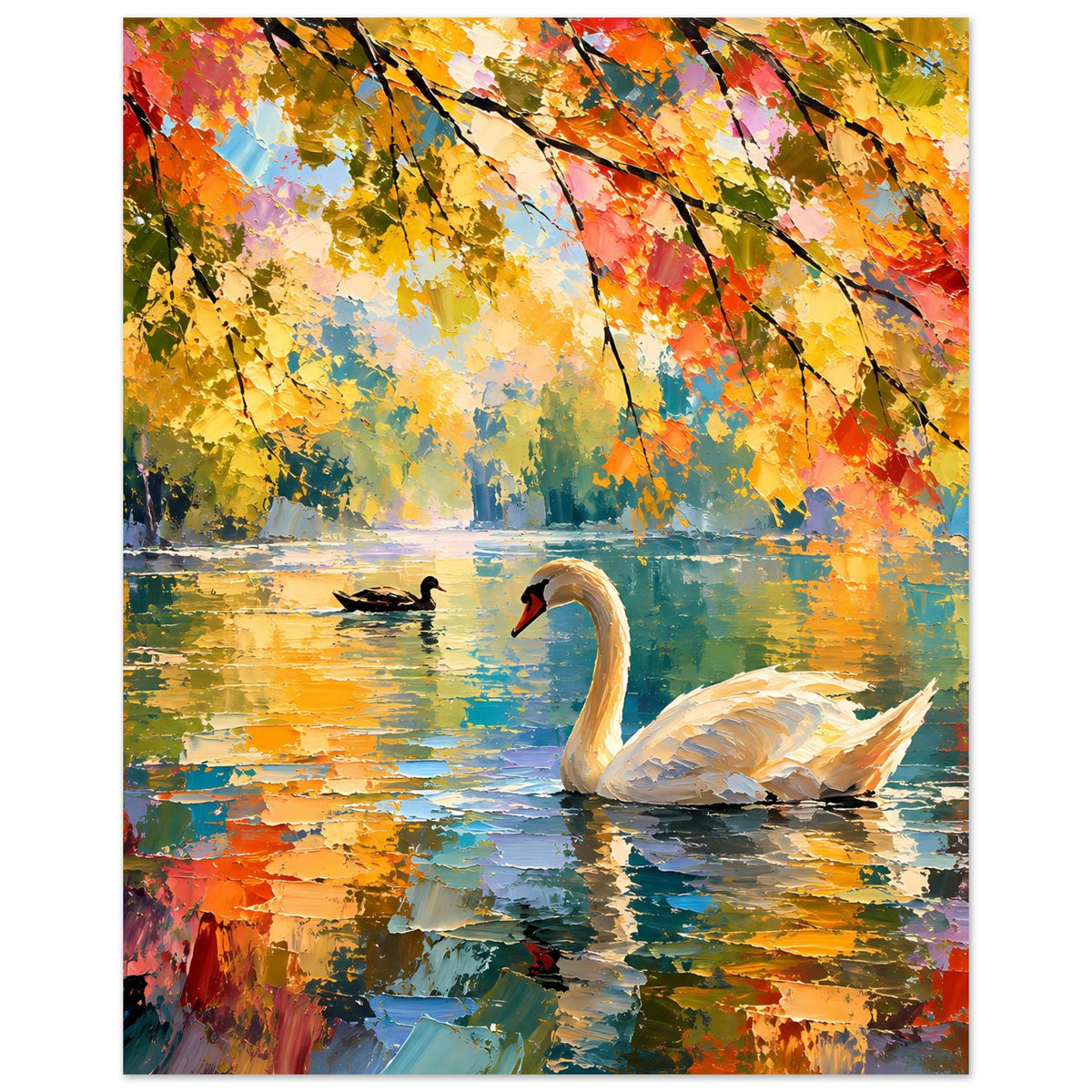 Vertikales Wandposter: weißer Schwan auf Herbstsee, Ente im Wasser, buntes Blätterdach