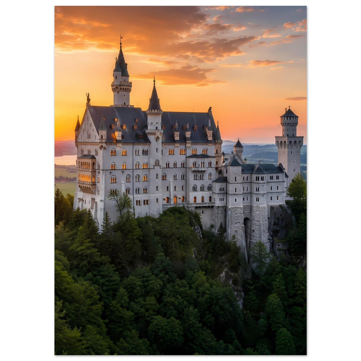 Schloss-Poster mit weißem Schloss und Türmen, Abendhimmel und dichtem Wald im Vordergrund