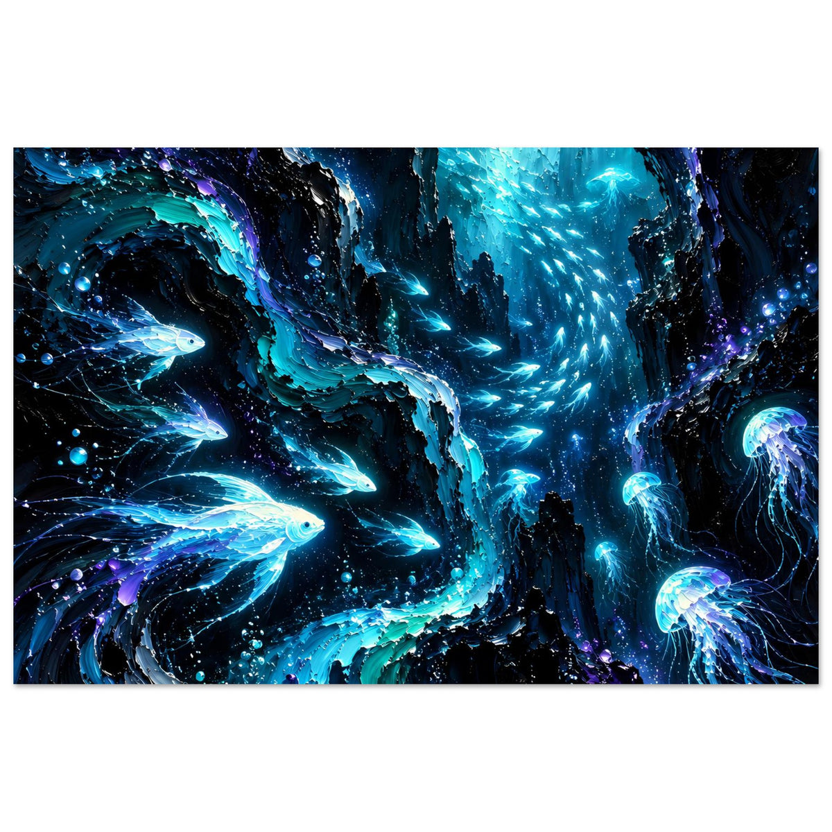 Poster mit leuchtendem Meeresleben: detaillierte Unterwasserwelt mit blauem Licht und Partikeln