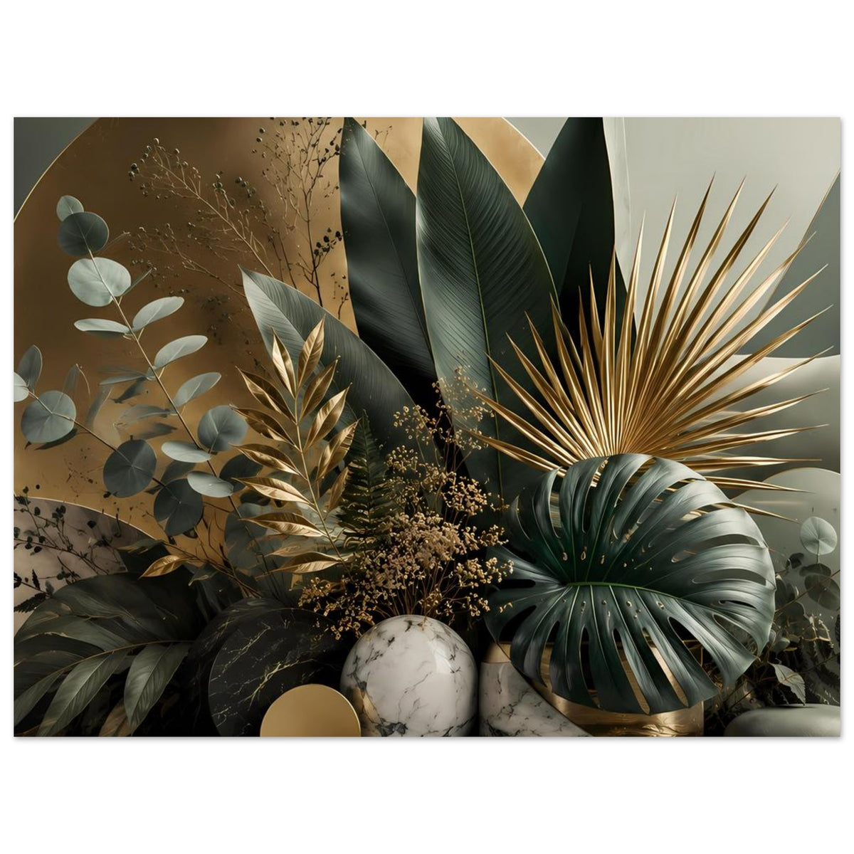 Botanisches Poster mit goldfarbenem Bogen, dunklen Blättern, Sonnenstrahl-Palme und Marmorkugel