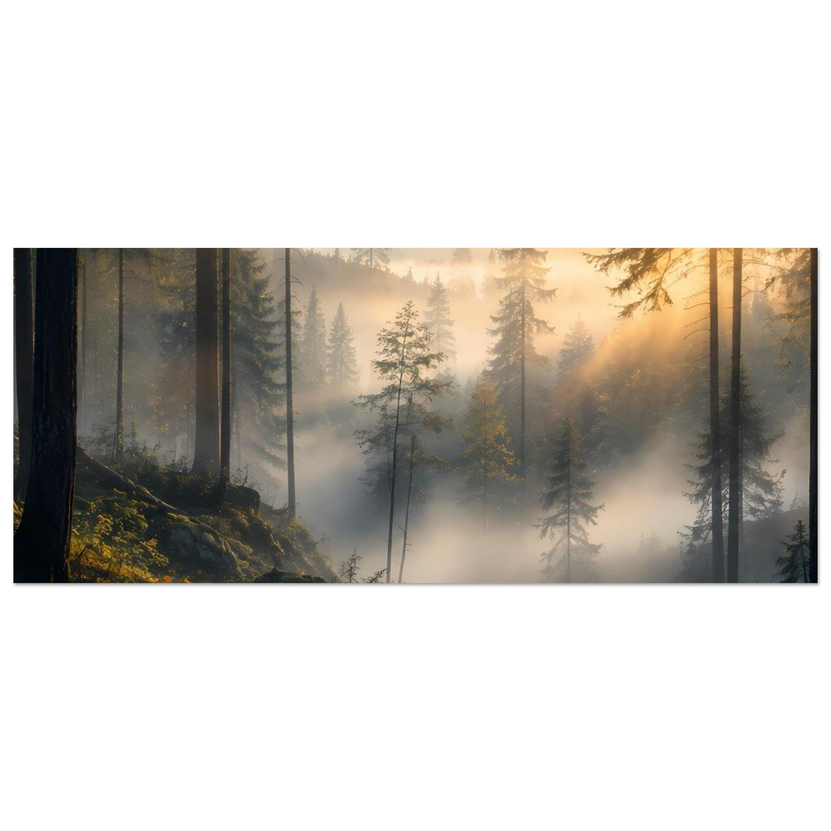 Horizontales Waldposter, Blick in den Nebelwald mit warmem Licht und hohen Tannen