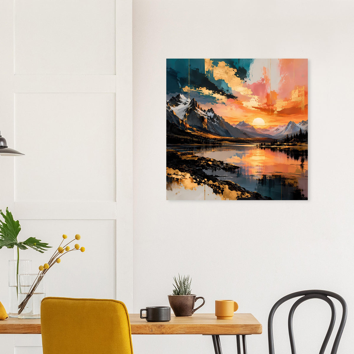 Quadratisches Poster mit Sonnenuntergang über den Bergen, dramatischer Himmel und Wasserreflexion