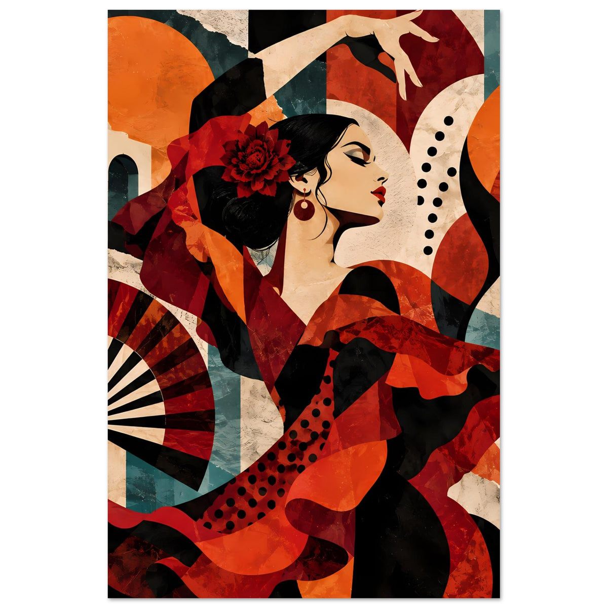 Tanzposter im Hochformat mit Flamenco-Tänzerin und roten Scherenschnitten, kontrastreiches Schwarz