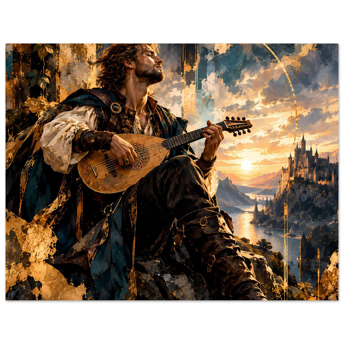 Fantasy-Poster: Barde mit Gitarre vor Sonnenuntergang, Stadt und Schlosslandschaft