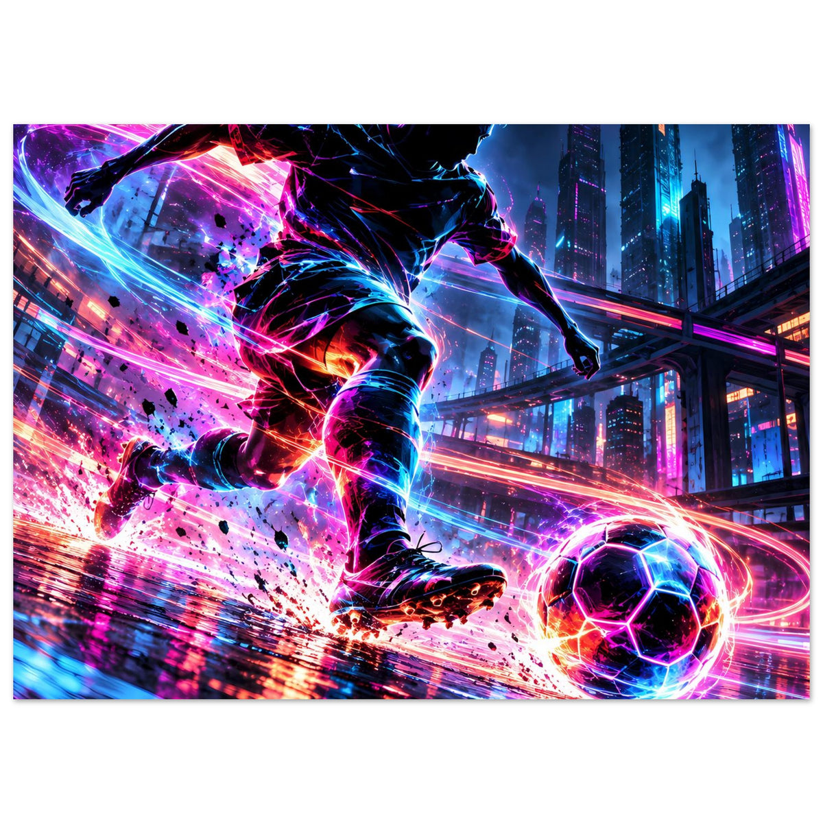 Neon-Fußball-Actionposter: Sprungspieler mit blauem Lichtbogen, neonfarbener Fußball und Silhouetten