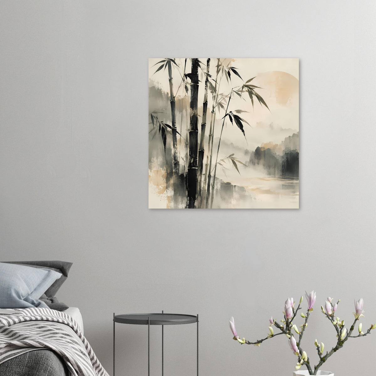 Kleines Wandposter: Bambus und Nebel über Wasser, warme Beige- und Grautöne