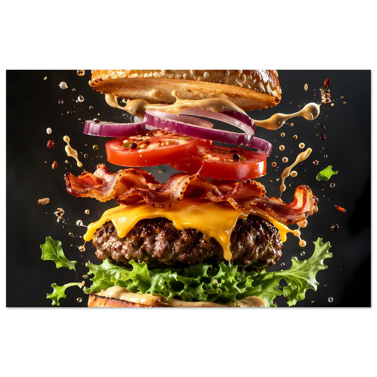 Burger-Poster mit Explosion: Sesambrötchen, Käse, Bacon, Tomate, rote Zwiebel, Salat und Spritzern