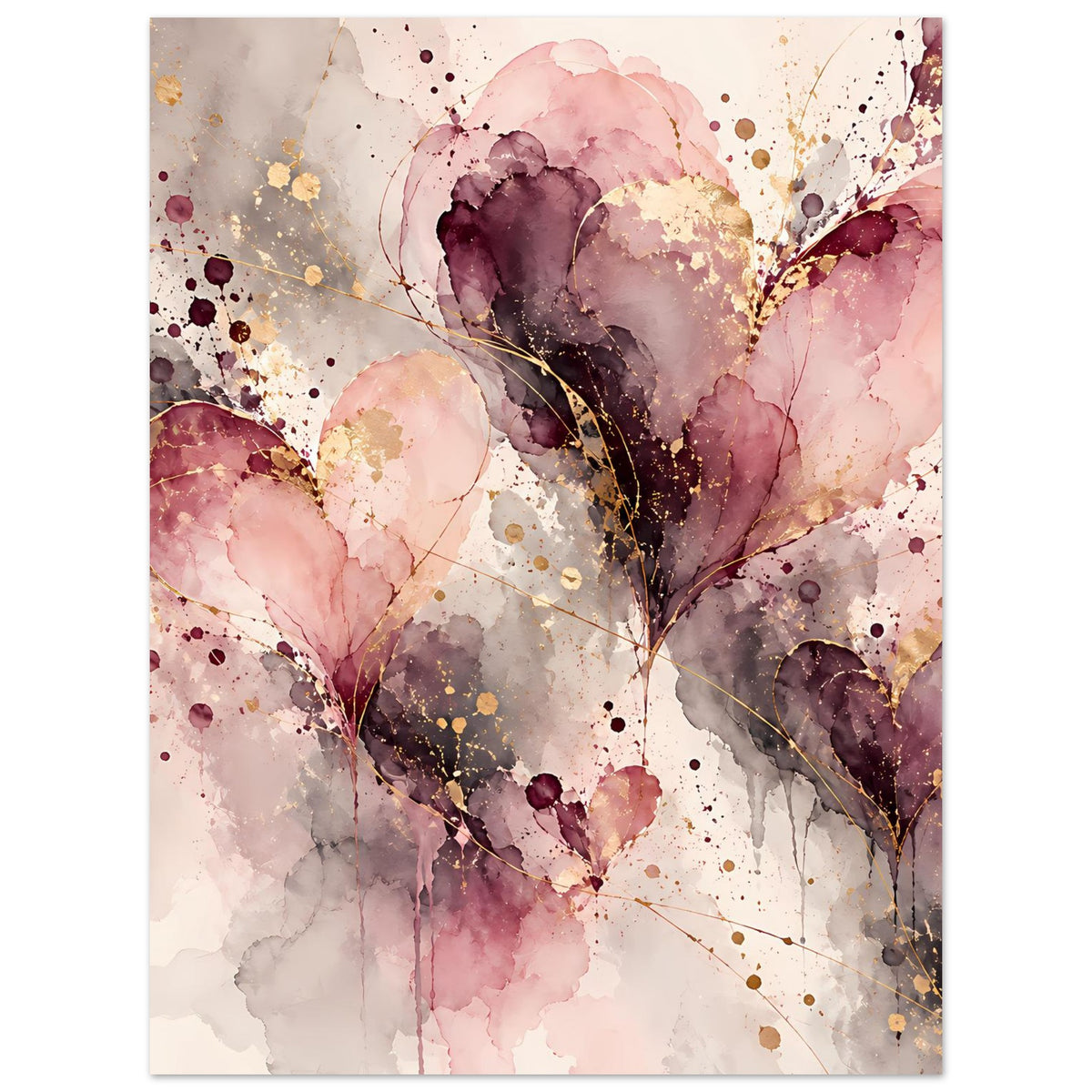 Abstraktes Herz-Poster im Hochformat mit goldenen Sprenkeln und rosa-violetten Herzformen